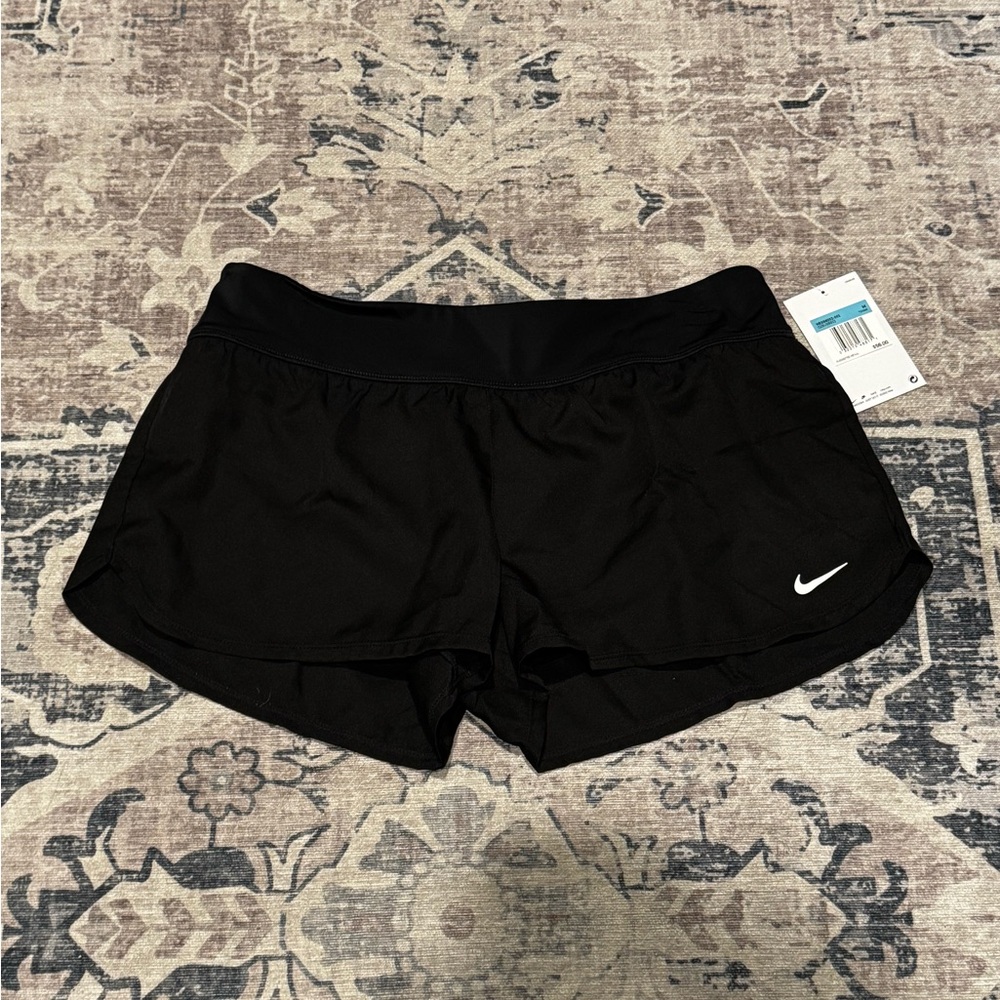 Nike Women's Black Swim Shorts with White Swoosh